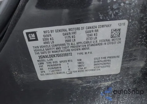 2016 Chevrolet Equinox Ltz из США, поврежденный, VIN 2GNALDEK7G6206972